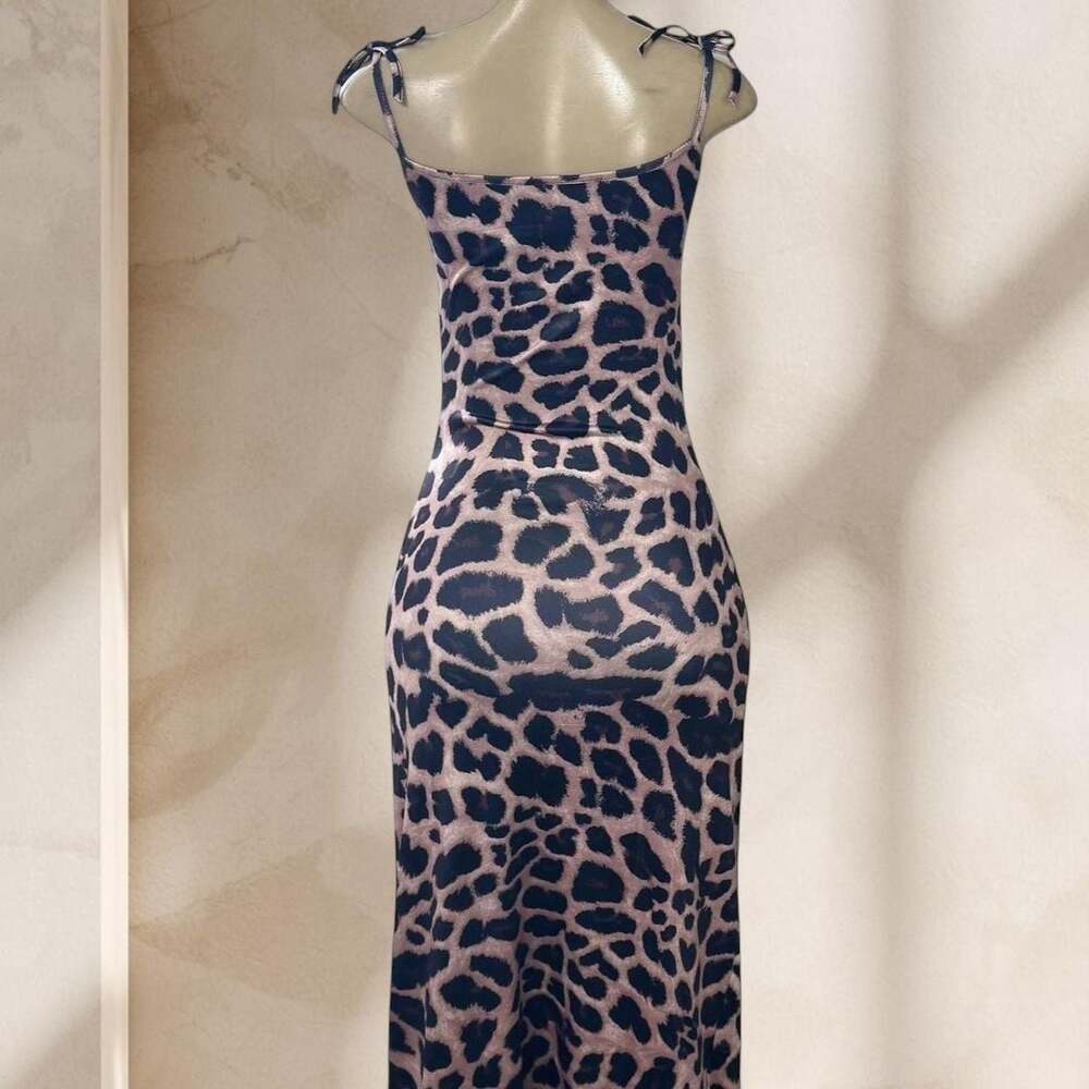 Leopard Print Maxi Dress β Ruched Bodycon Spaghetti Strap Side Slit Sexy Y2K β§ M - Picture 4 of 4